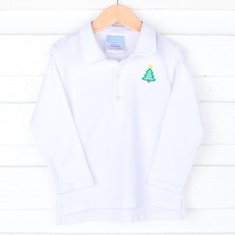 Christmas Tree White Long Sleeve Polo