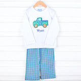 Truck Applique Blue & Green Gingham Pant Set