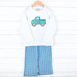 Truck Applique Blue & Green Gingham Pant Set