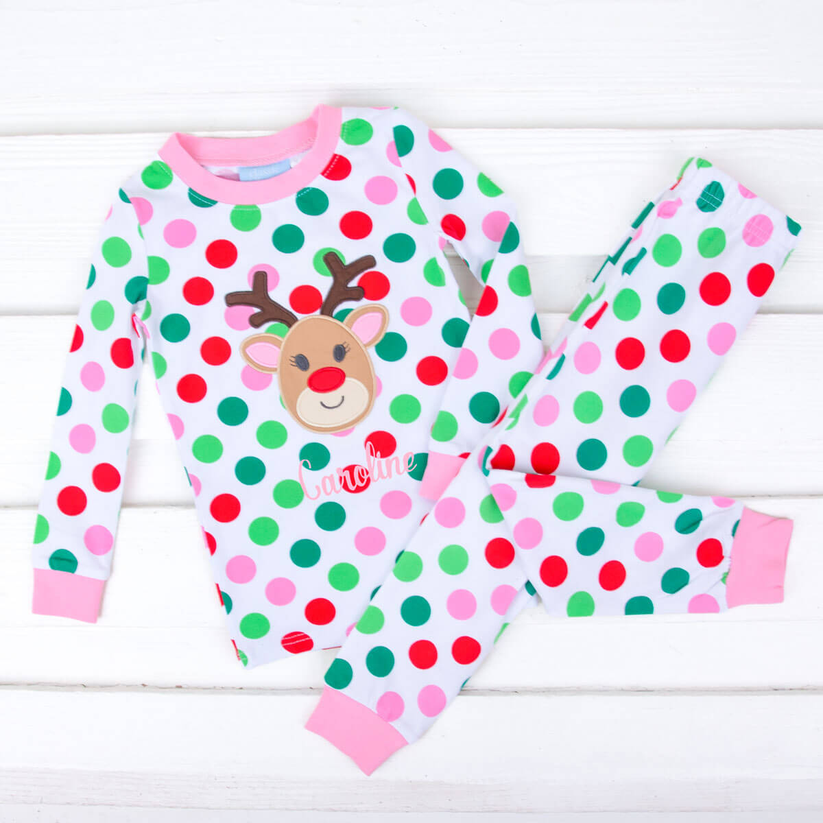 Reindeer Multi Polka Dot Pink Pajamas