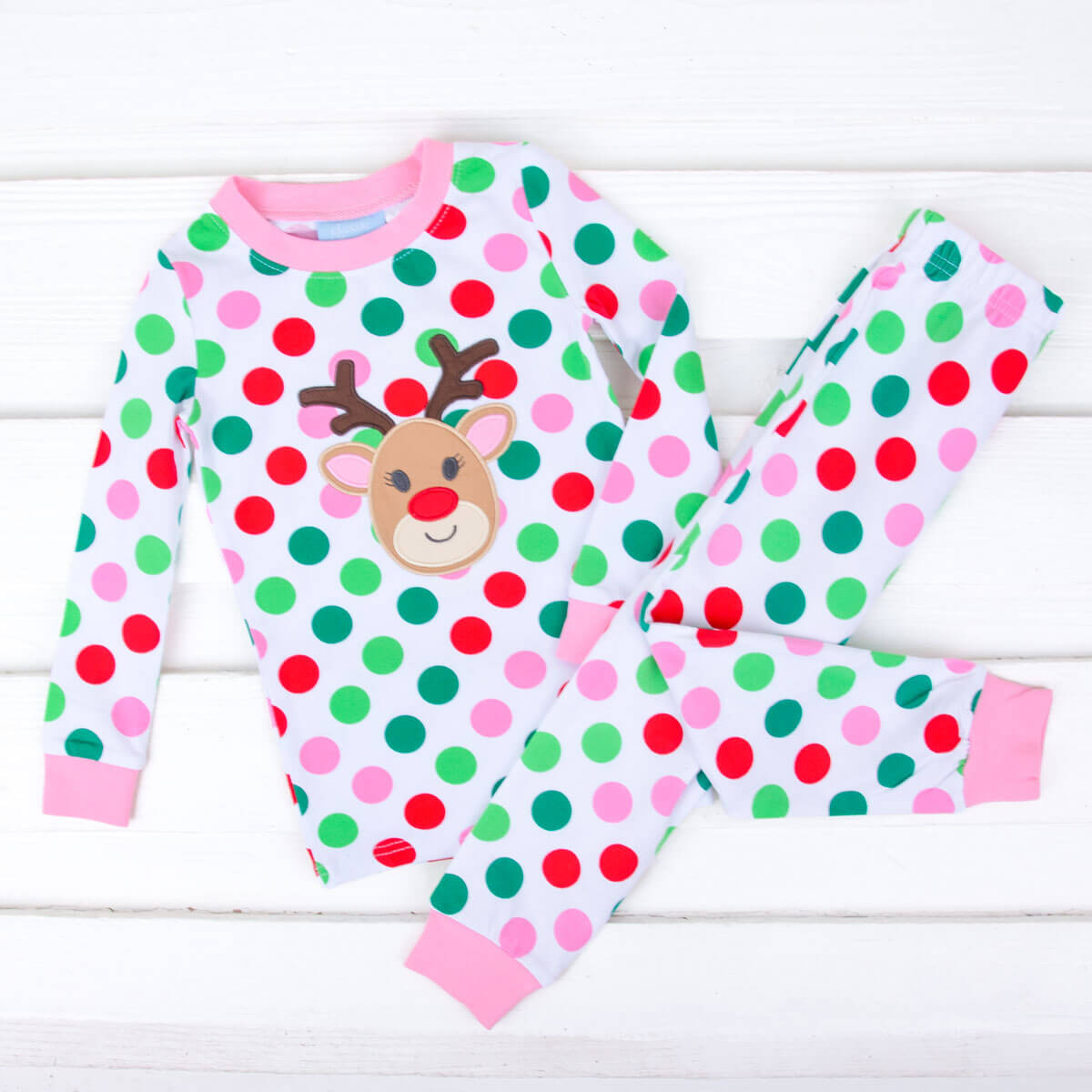 Reindeer Multi Polka Dot Pink Pajamas