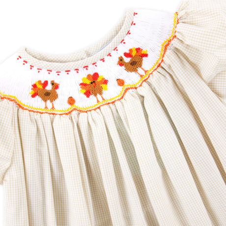 Smocked Turkey Khaki Gingham Long Sleeve Bishop Dress