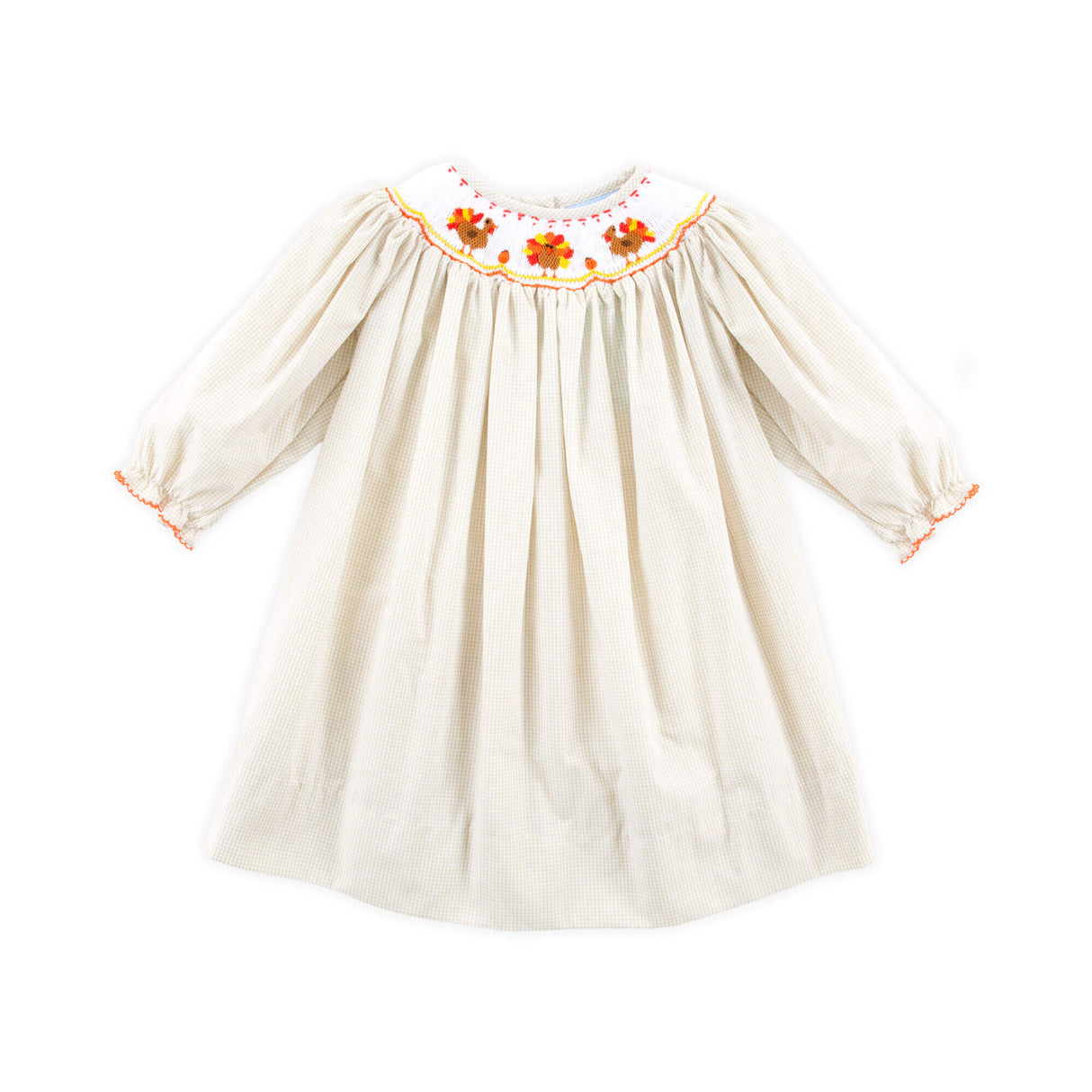 Smocked Turkey Khaki Gingham Long Sleeve Bishop Dress