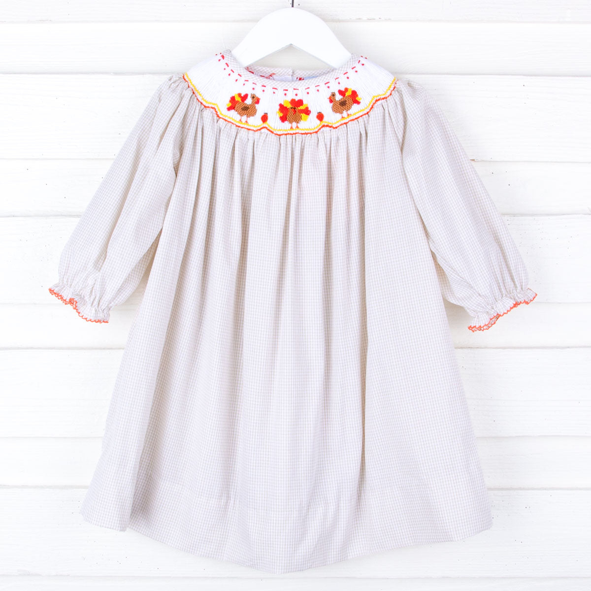 Smocked Turkey Khaki Gingham Long Sleeve Bishop Dress Smocked Turkey Khaki Gingham Long Sleeve Bishop Dress