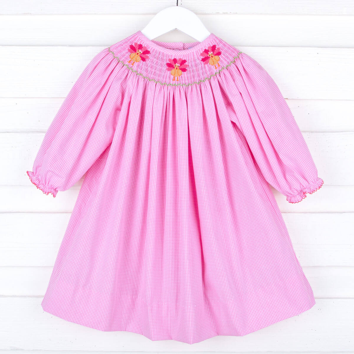 Pink Turkey Smocked Long Sleeve Bishop Dress Pink Turkey Smocked Long Sleeve Bishop Dress
