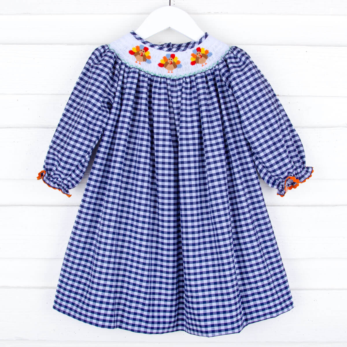 Sweet Turkey Navy Gingham Smocked Long Sleeve Bishop Dress