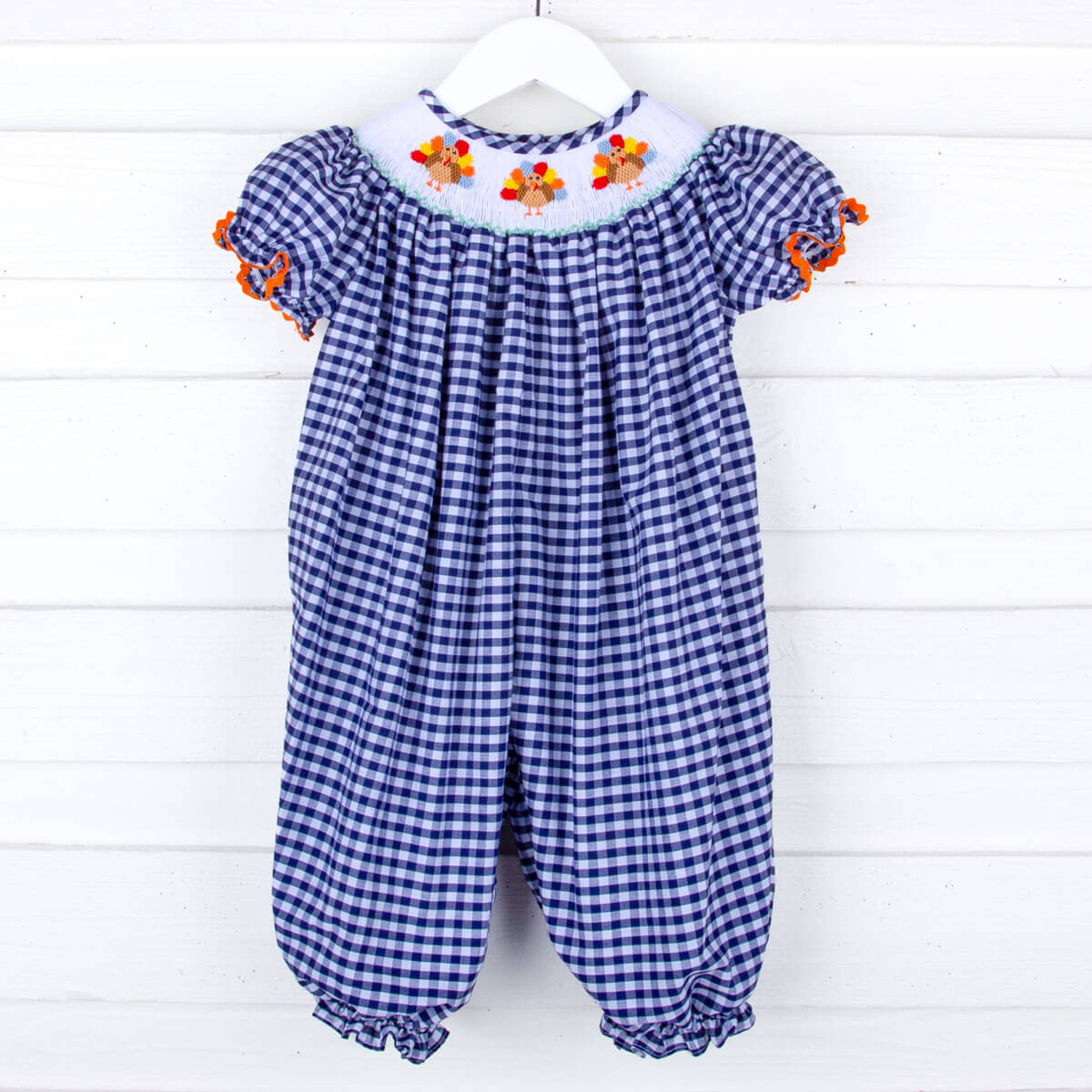 Sweet Turkey Navy Gingham Smocked Long Bubble