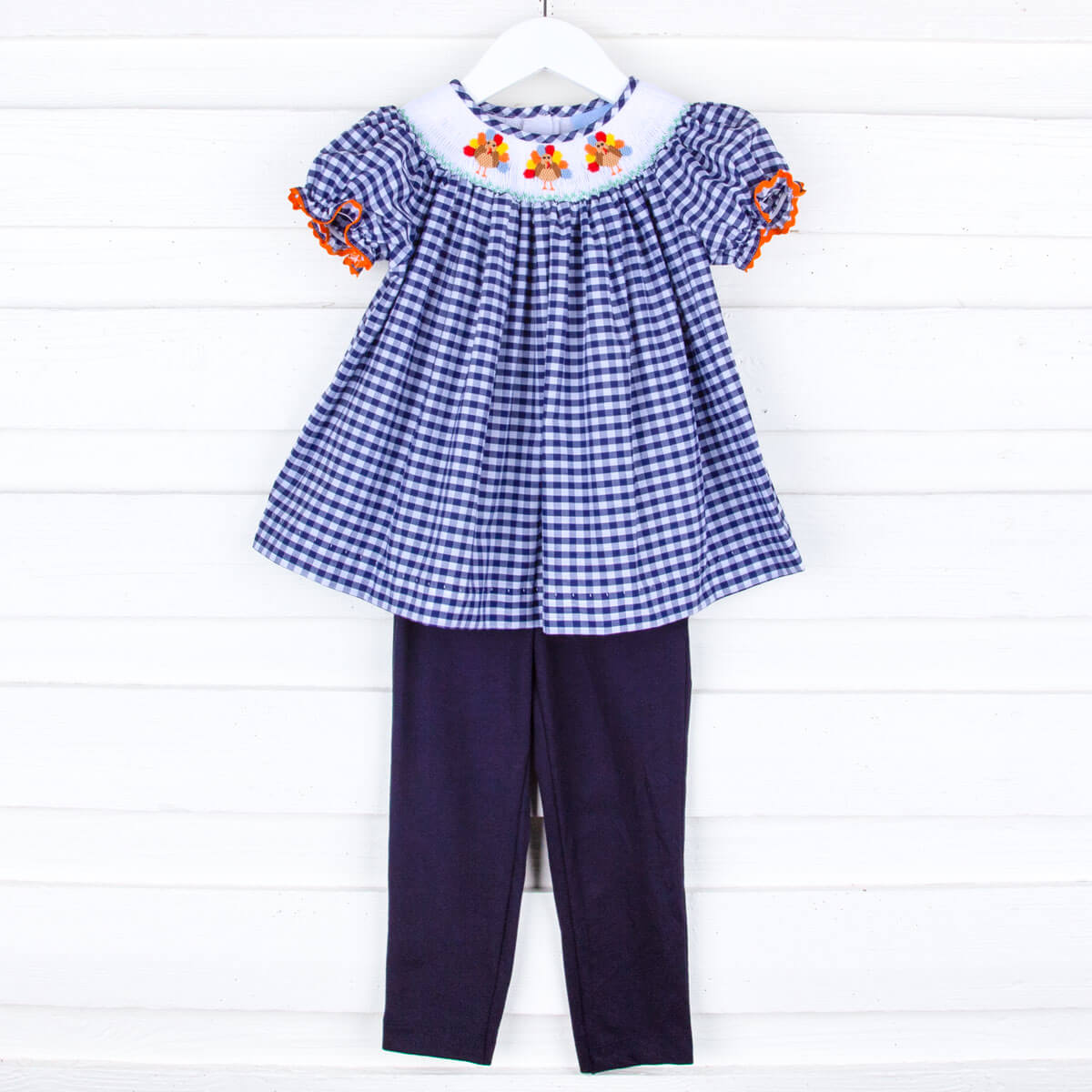 Sweet Turkey Navy Gingham Smocked Bishop Legging Set