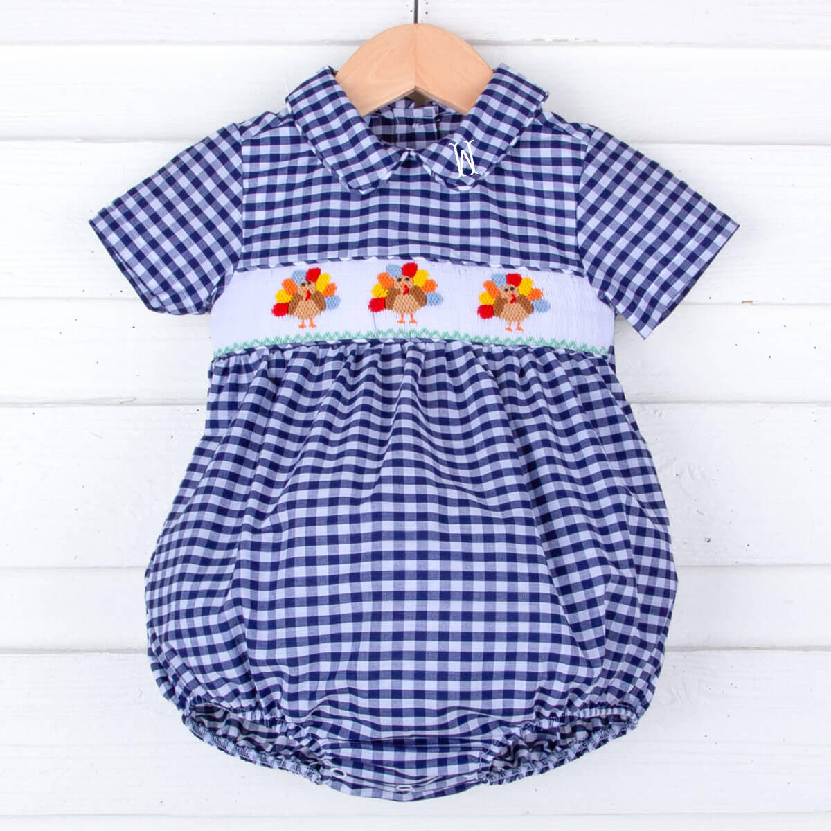 Sweet Turkey Navy Gingham Smocked Collared Bubble