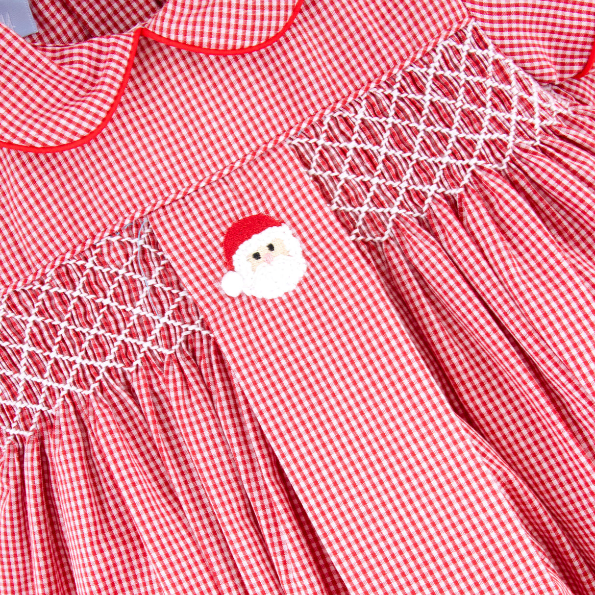 Santa's Favorite French Knot and Smocked Red Gingham Collared Bubble