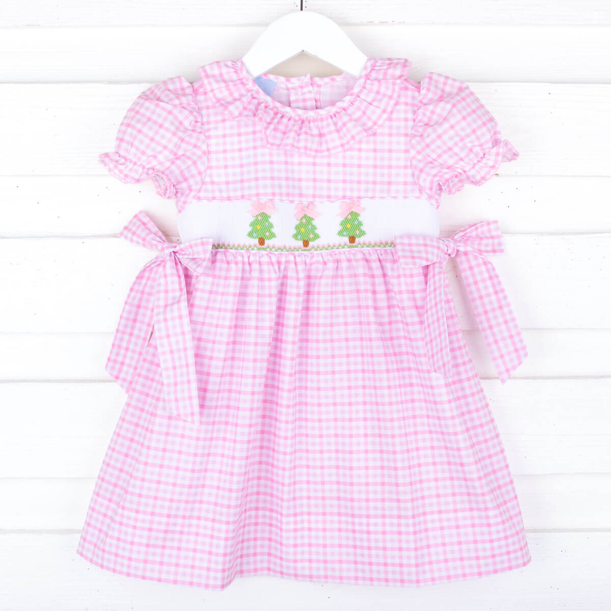 Christmas Tree Smocked Pink Gingham Beverly Dress