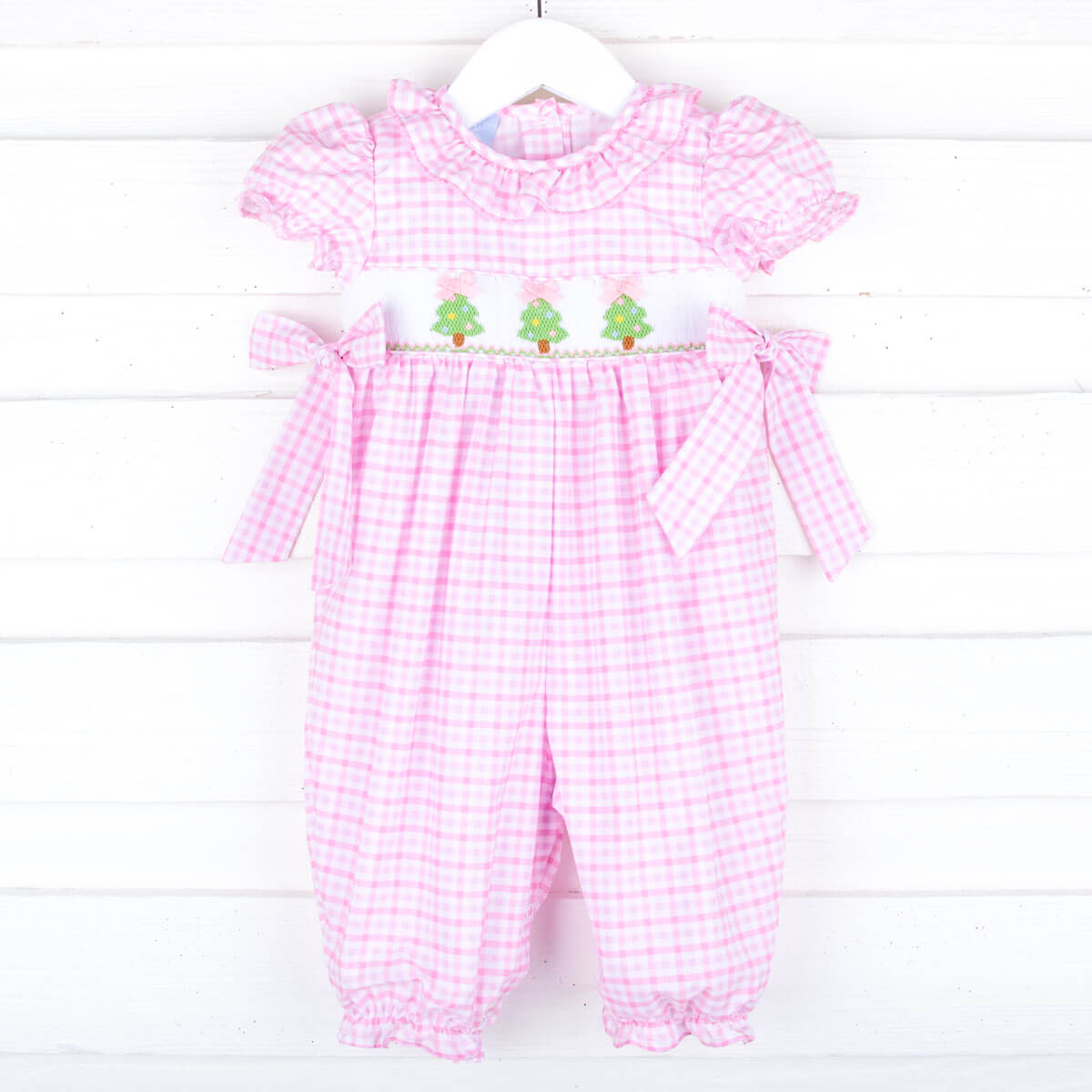 Christmas Tree Smocked Pink Gingham Long Bubble