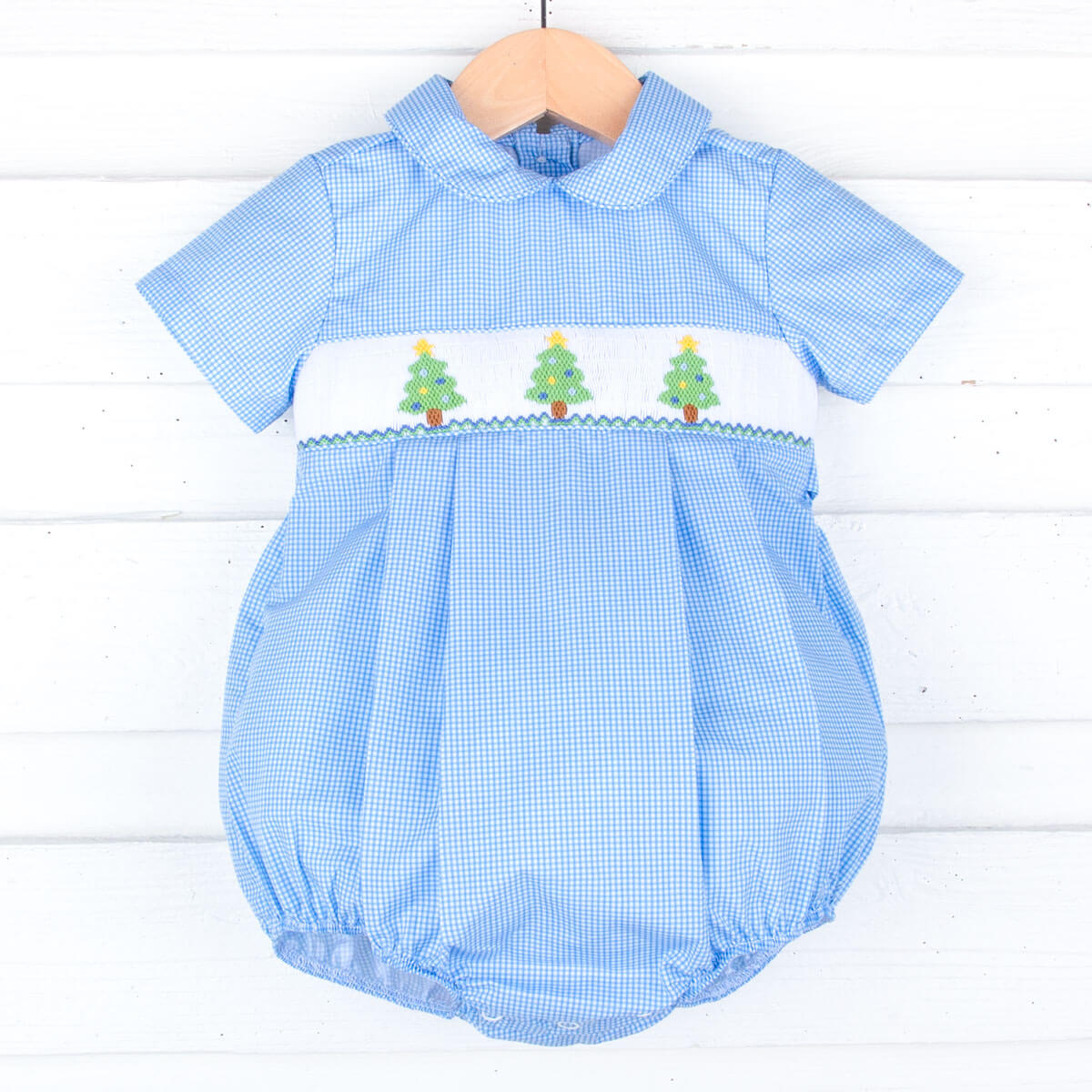 Christmas Tree Smocked Blue Gingham Collared Bubble