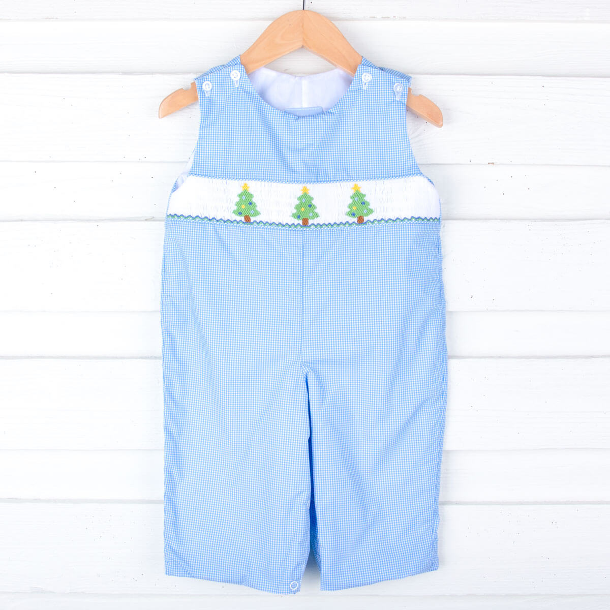 Christmas Tree Smocked Blue Gingham Longall