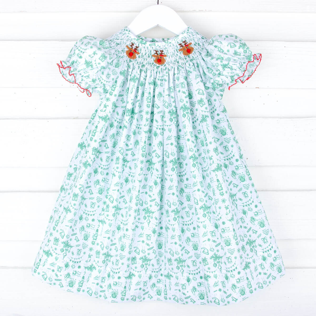 Reindeer Cheer Smocking Green Toile Bishop Dress