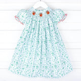Reindeer Cheer Smocked Green Toile Bishop Dress