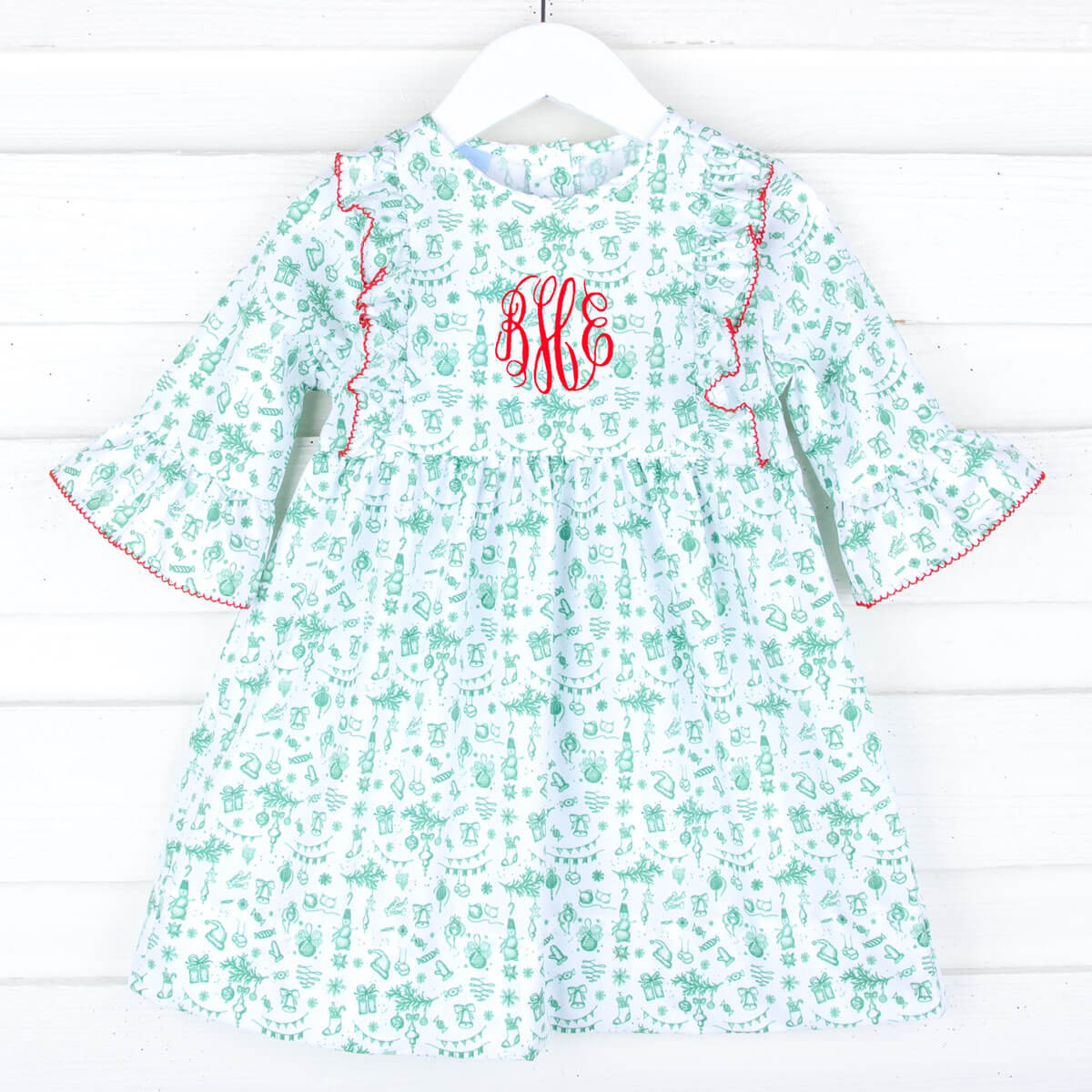 Reindeer Cheer Green Toile Ruffle Dress – Classic Whimsy