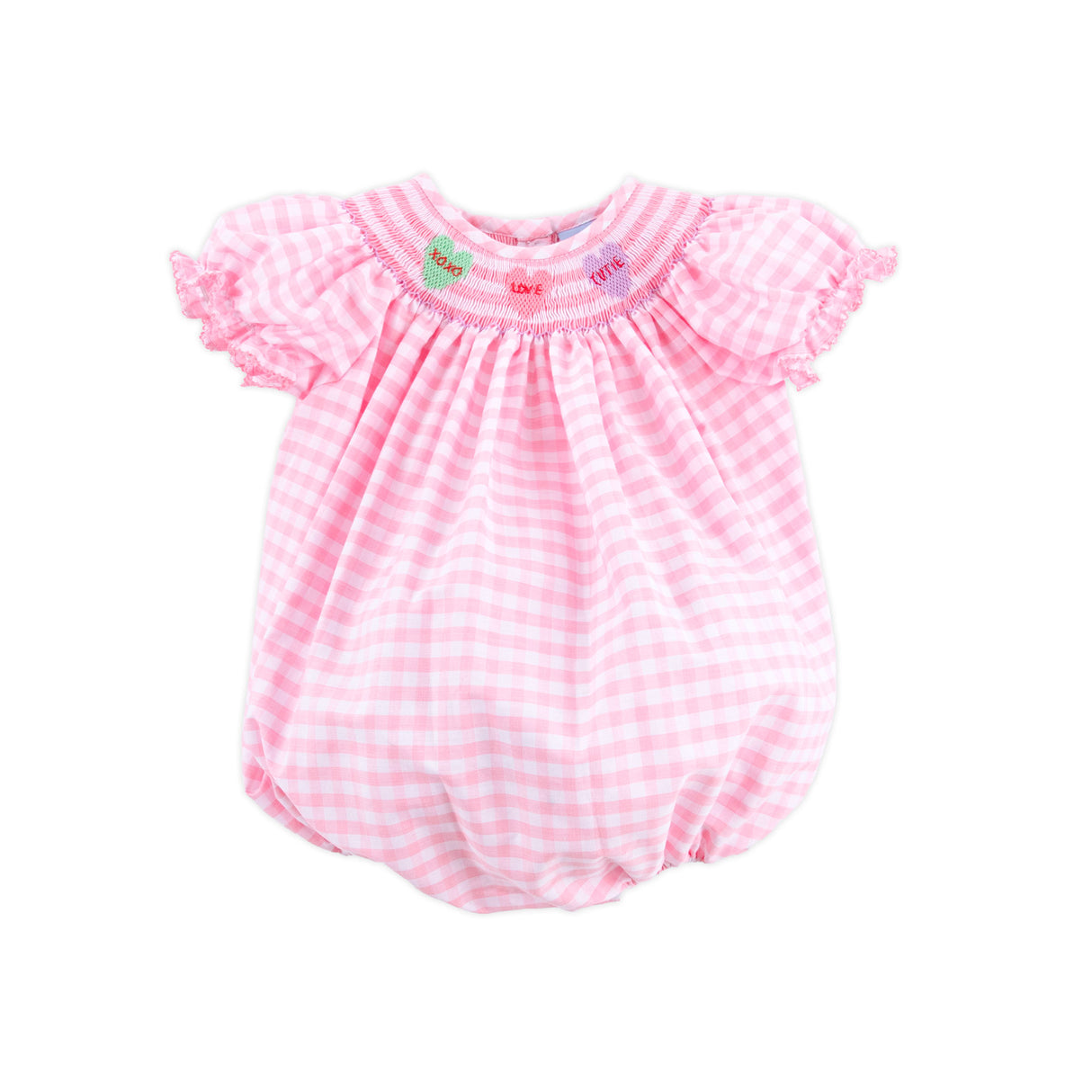 Candy Hearts Pink Gingham Smocked Bubble