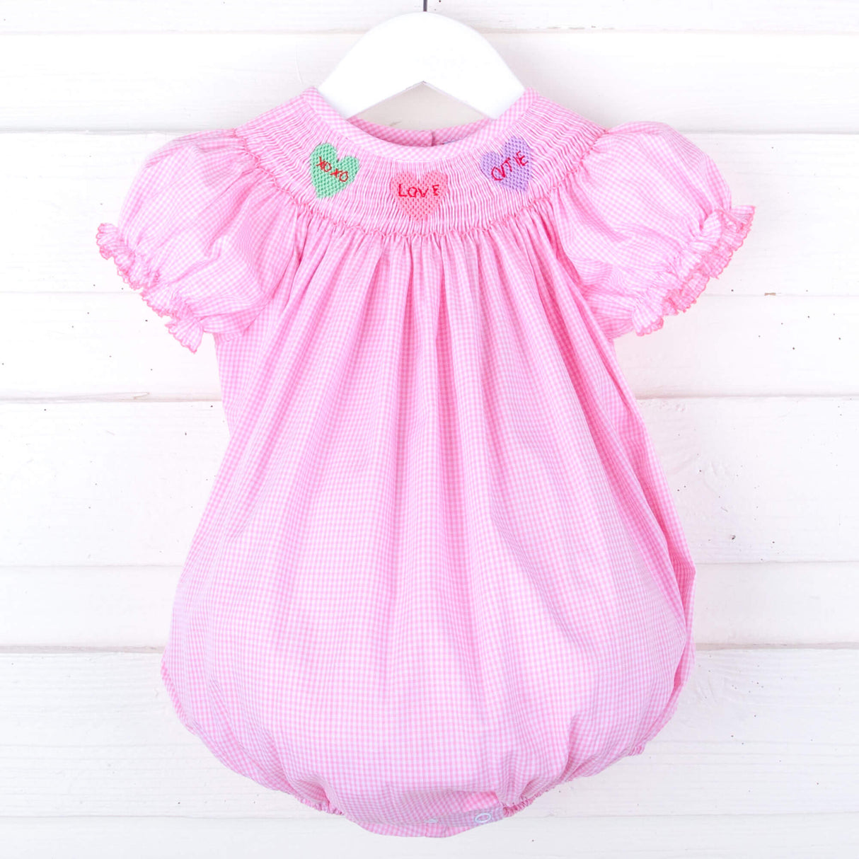 Candy Hearts Pink Gingham Smocked Bishop Bubble