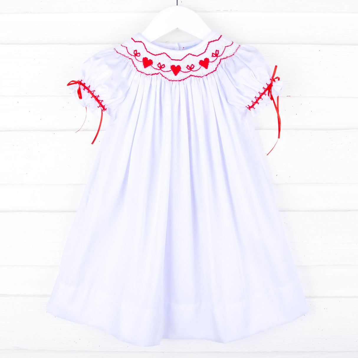 Heart Smocked White Pique Bishop Dress