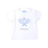 Blue Tennis Racquet White Short Sleeve Shirt