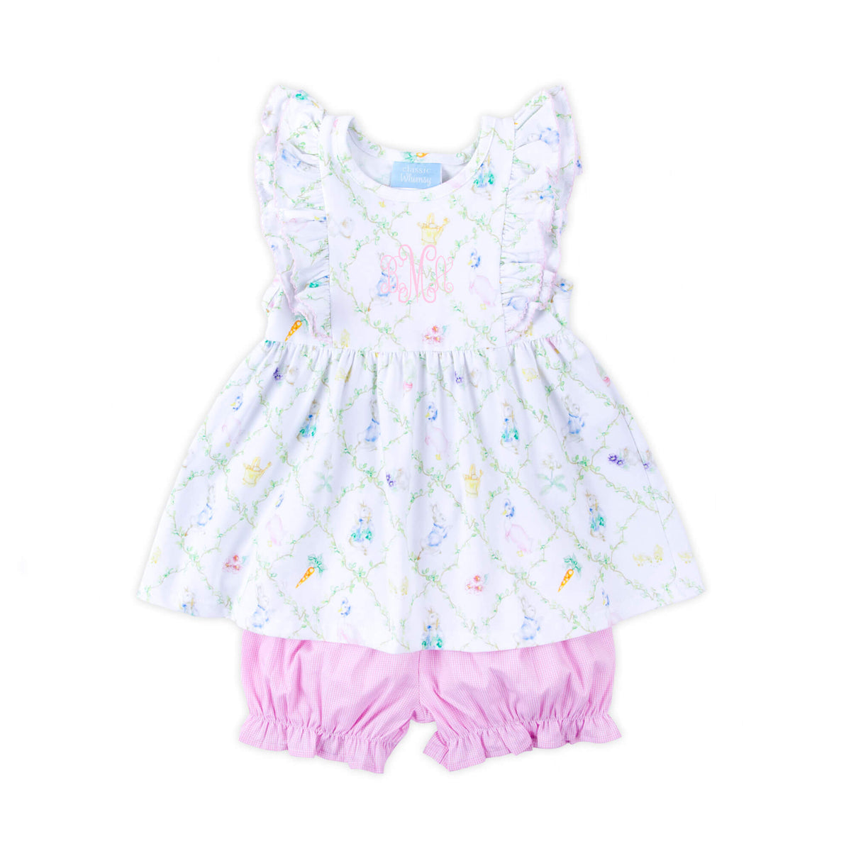 Storybook Rabbit Knit Pink Trim Double Ruffle Bloomer Set – Classic Whimsy