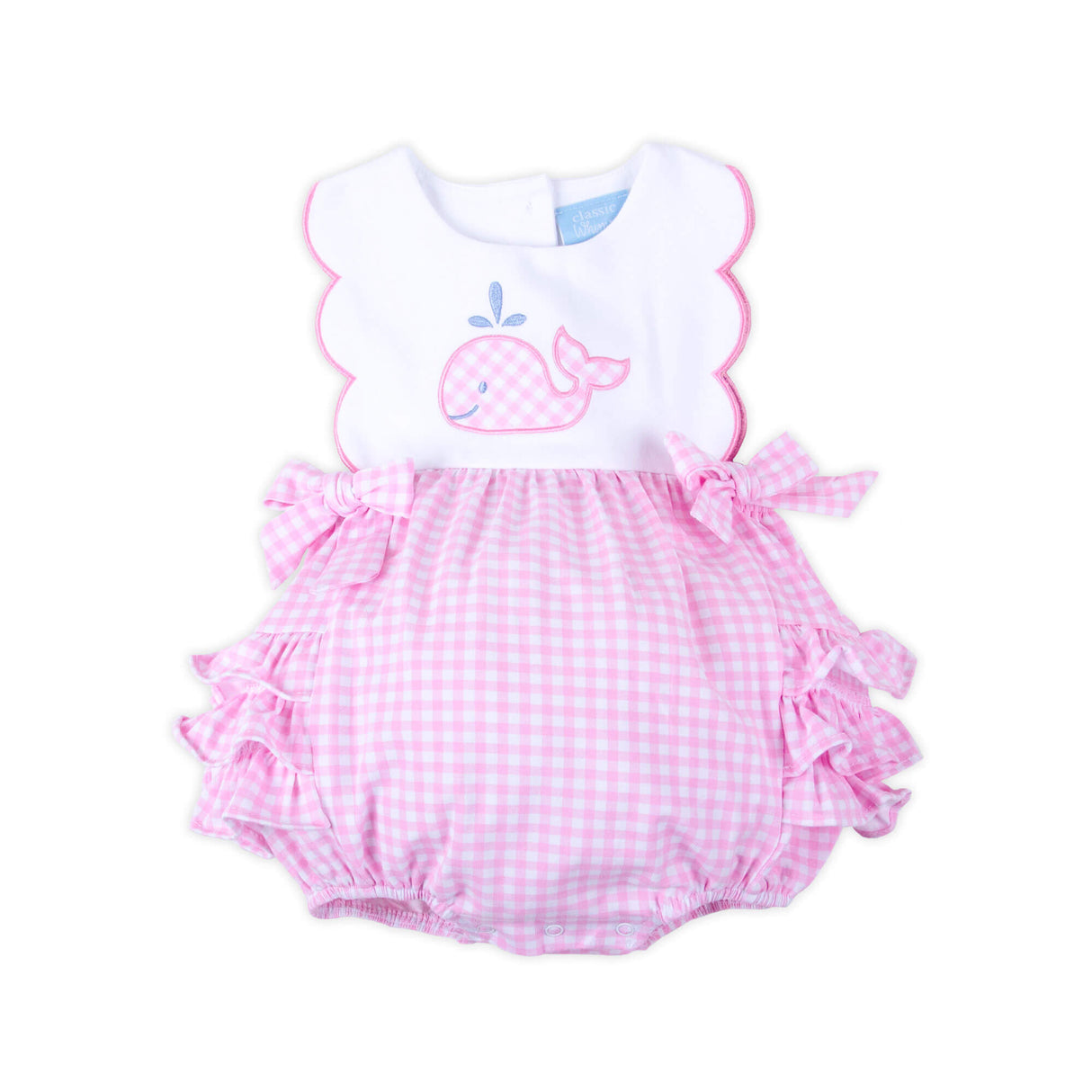 Cute Whale Pink Gingham Scalloped Bib Bubble