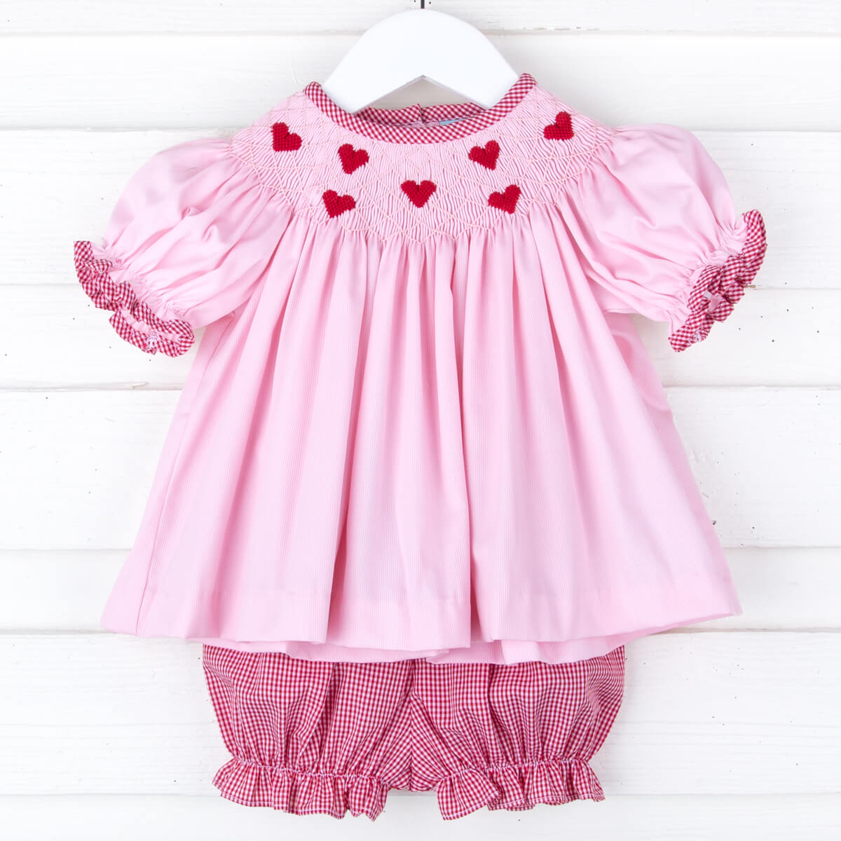 Tiny Hearts Pink Pique Smocked Bishop Bloomer Set