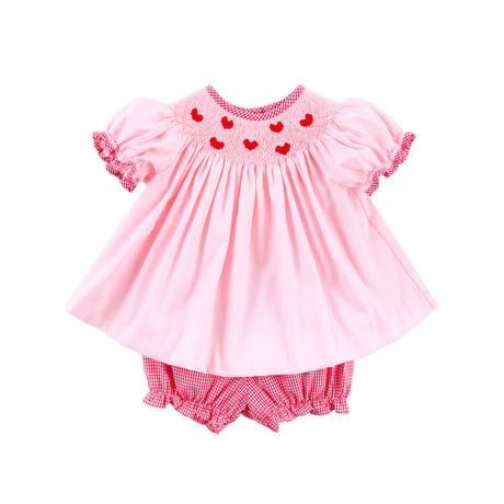 Tiny Hearts Pink Pique Smocked Bishop Bloomer Set