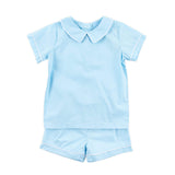 Solid Light Blue Collared Short Set