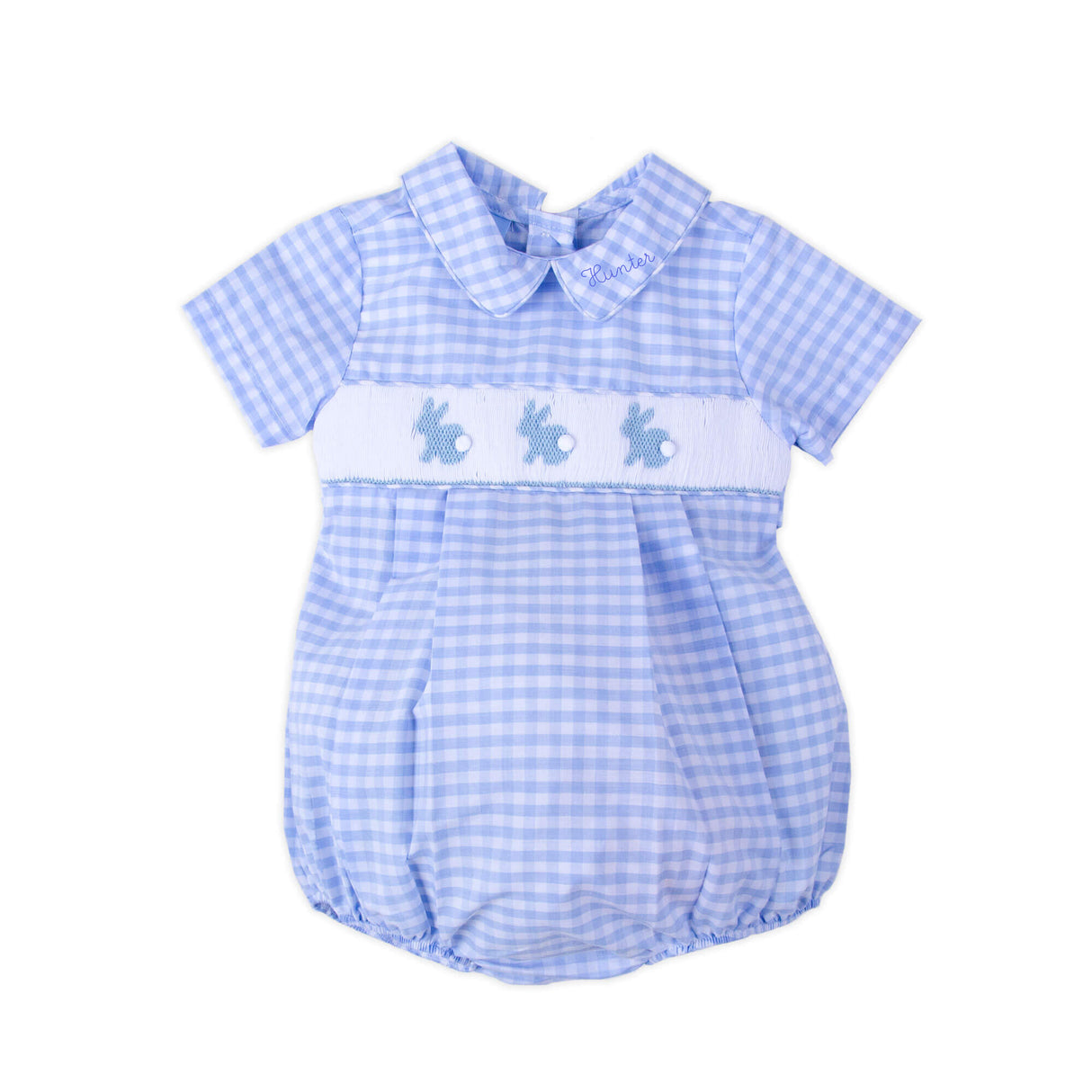 Light Blue Check Bunny Smocked Collared Bubble