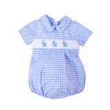 Light Blue Check Bunny Smocked Collared Bubble