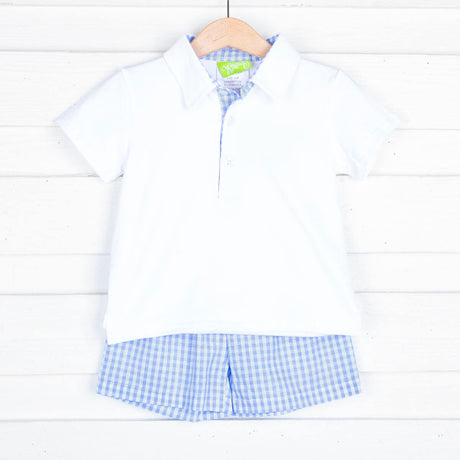 Light Blue Gingham Polo Short Set