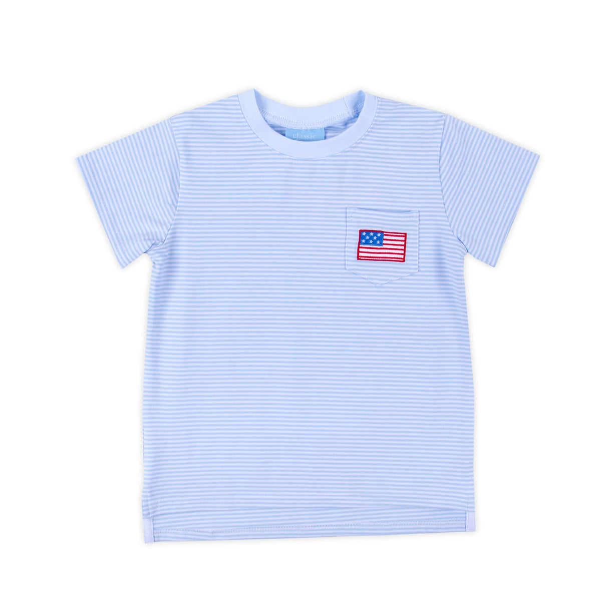 Flag Applique Light Blue Stripe Short Sleeve Pocket Shirt