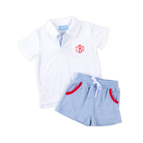 Light Blue & Red Terry Polo Short Set