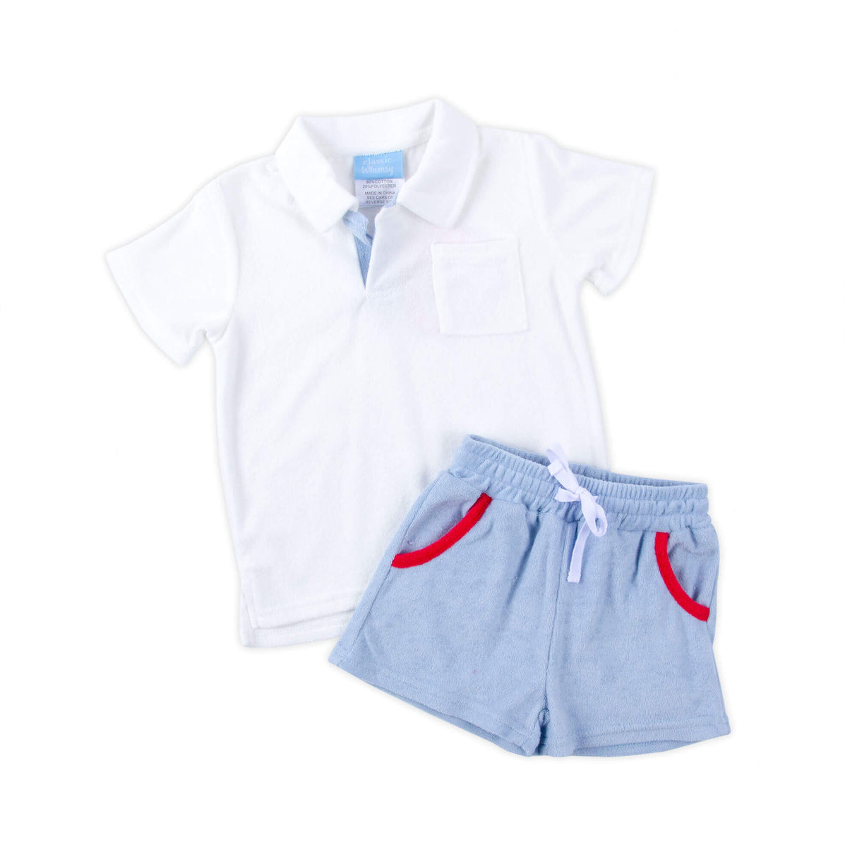 Light Blue & Red Terry Polo Short Set