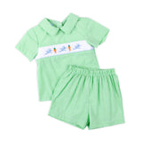 Hop To It Green Bunny Smocked Collared Short Set