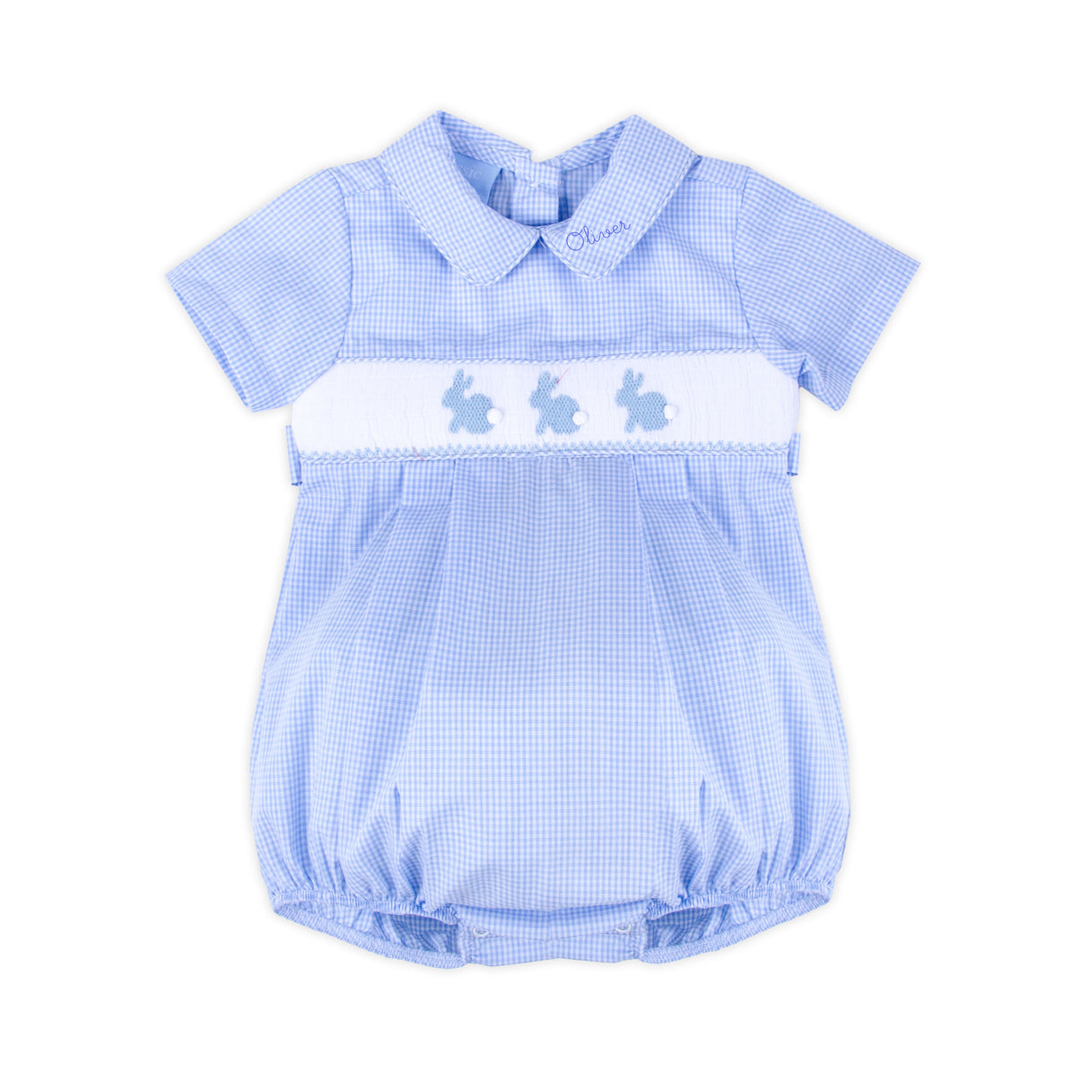 Enchanted Bunny Blue Gingham Smocked Collared Bubble