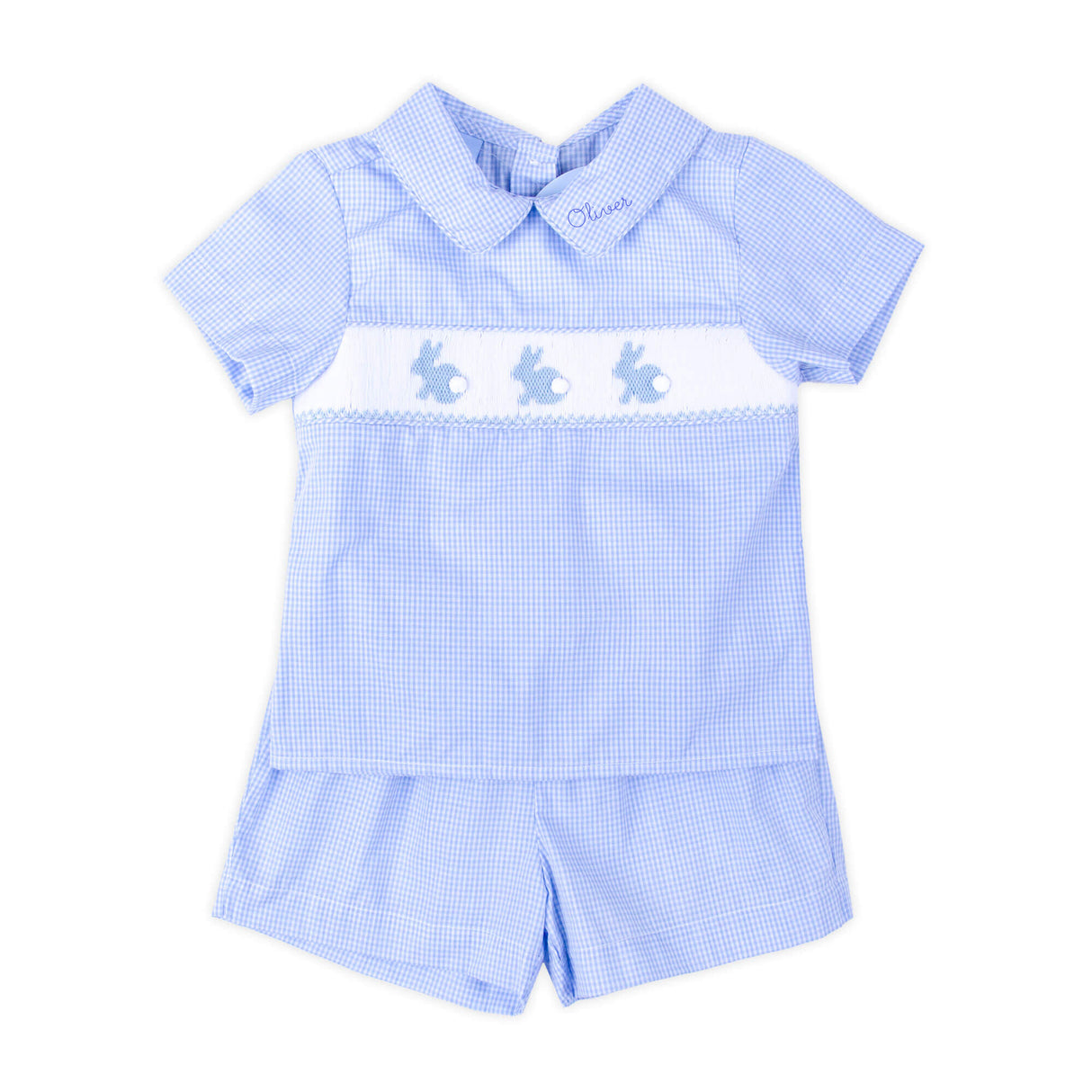 Enchanted Bunny Blue Gingham Smocked Collared Short Set