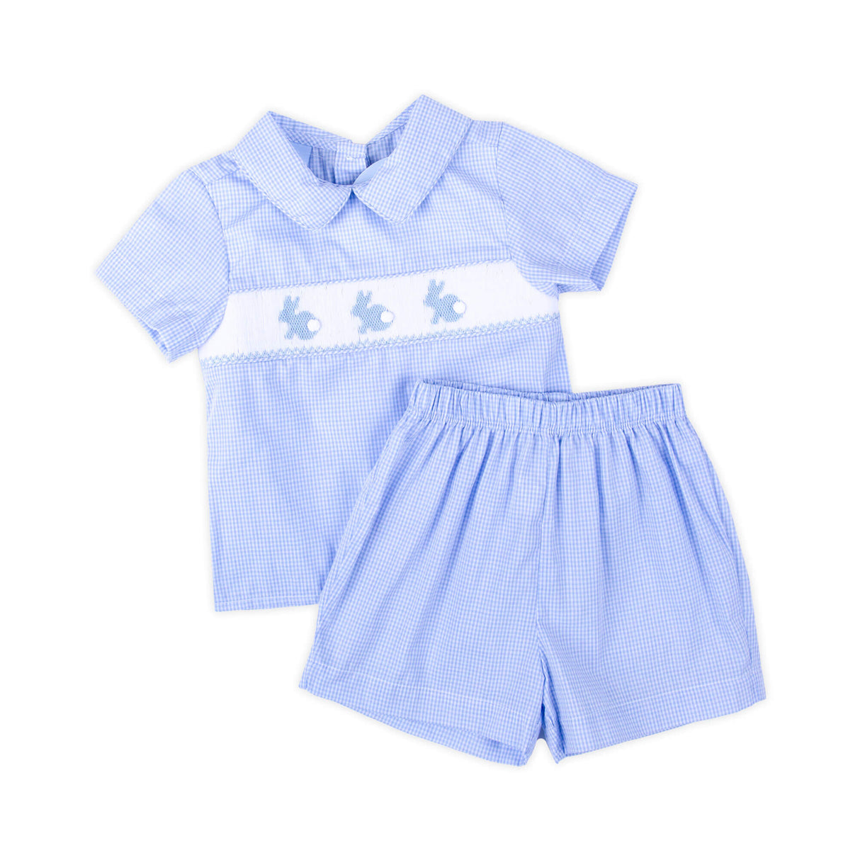 Enchanted Bunny Blue Gingham Smocked Collared Short Set