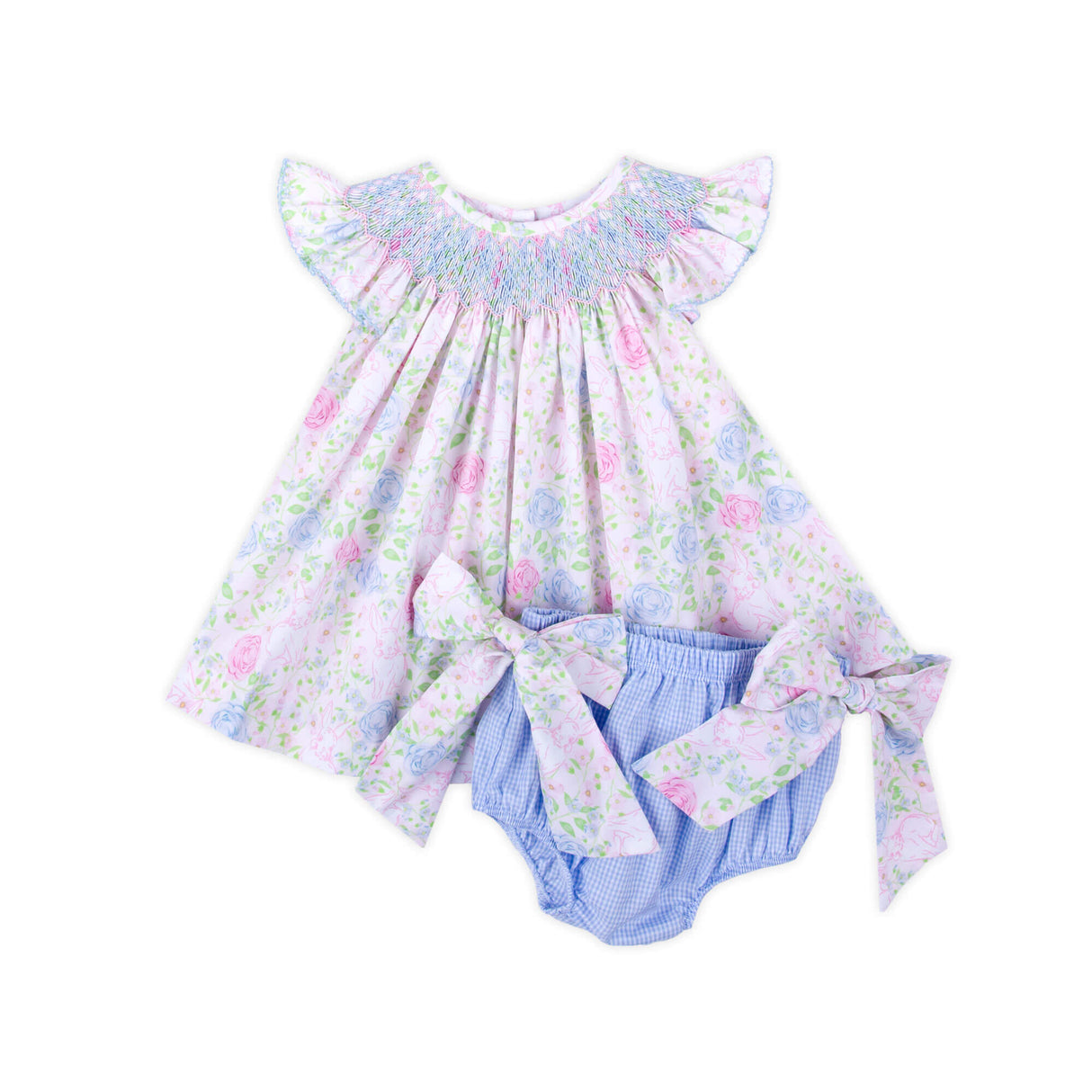 Bunny Floral Smocked Angel Sleeve Bloomer Set