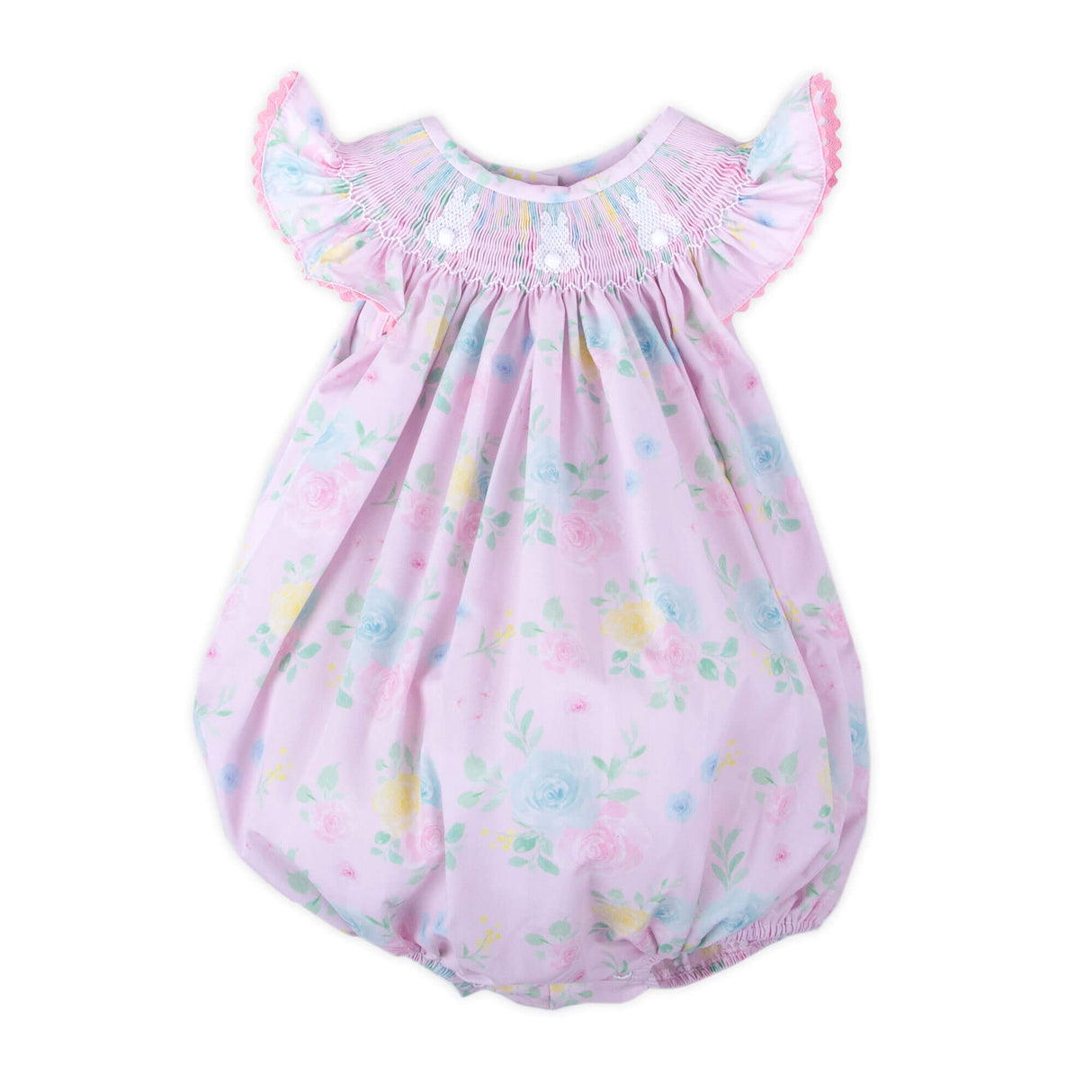 Bunny Tail Smocked Rose Floral Angel Sleeve Bubble