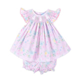 Bunny Tail Smocked Rose Floral Angel Sleeve Bloomer Set