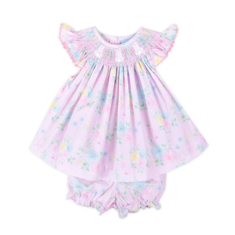 Bunny Tail Smocked Rose Floral Angel Sleeve Bloomer Set