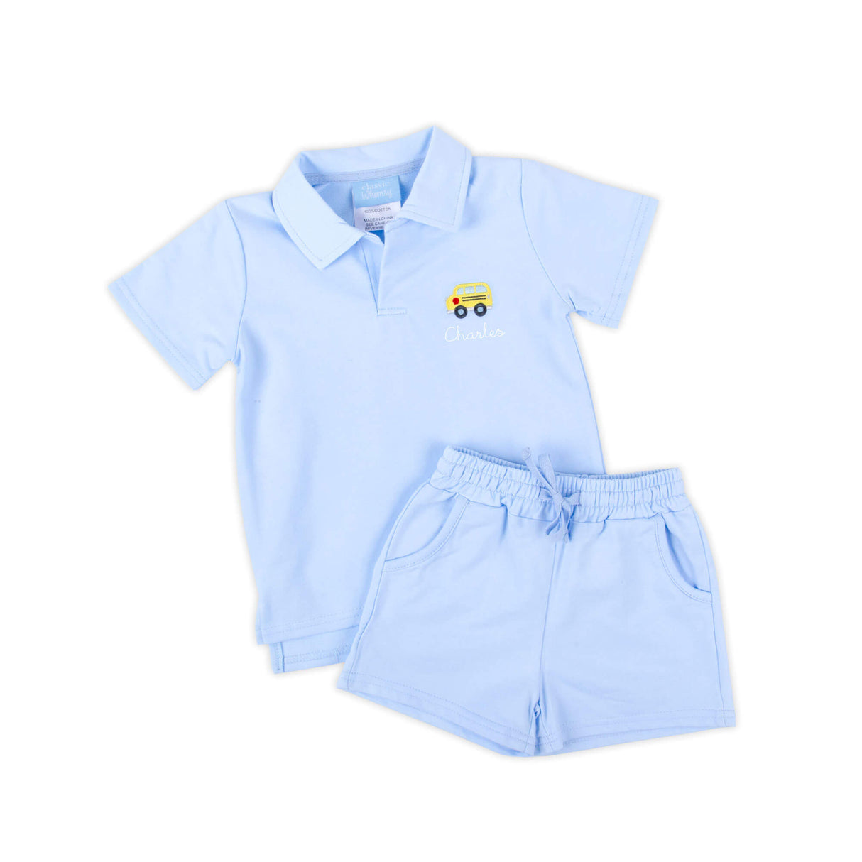 School Bus Light Blue Terry Polo Short Set