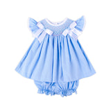 Blue Pique Smocked Bow Bloomer Set