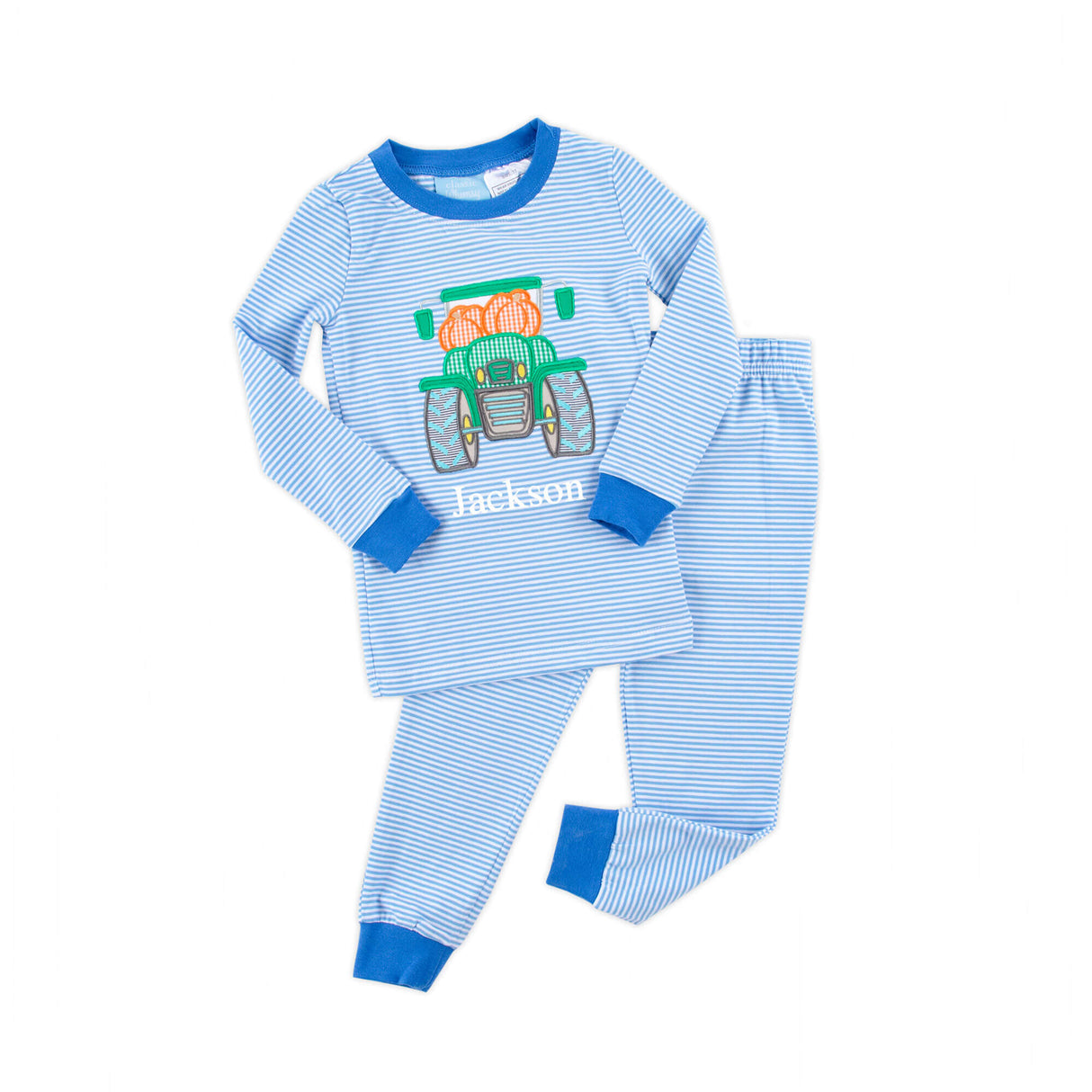 Pumpkin Tractor Light Blue Stripe Pajamas
