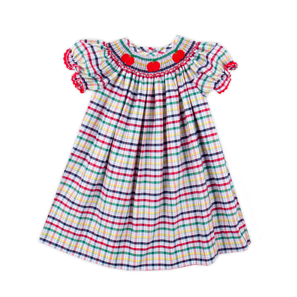 Apple Trio Primary Plaid Smocked Bishop Dress