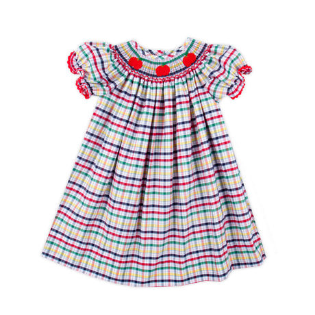 Apple Trio Primary Plaid Smocked Bishop Dress