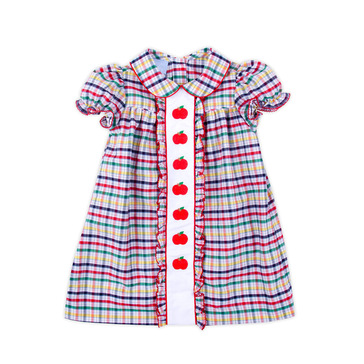 Apple Trio Primary Plaid Embroidered Camila Dress